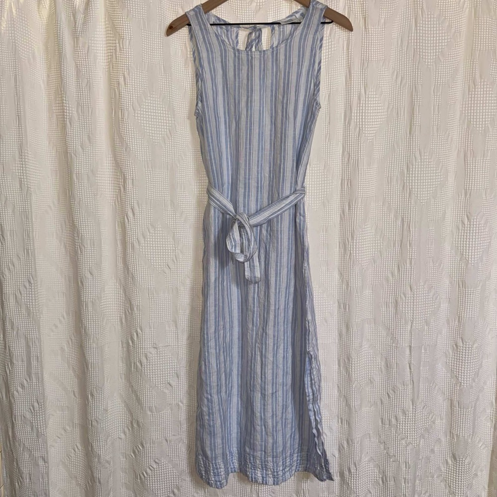 Sigrid Olsen Linen Maxi Dress Blue White Striped Sleeveless Belted Pockets Small